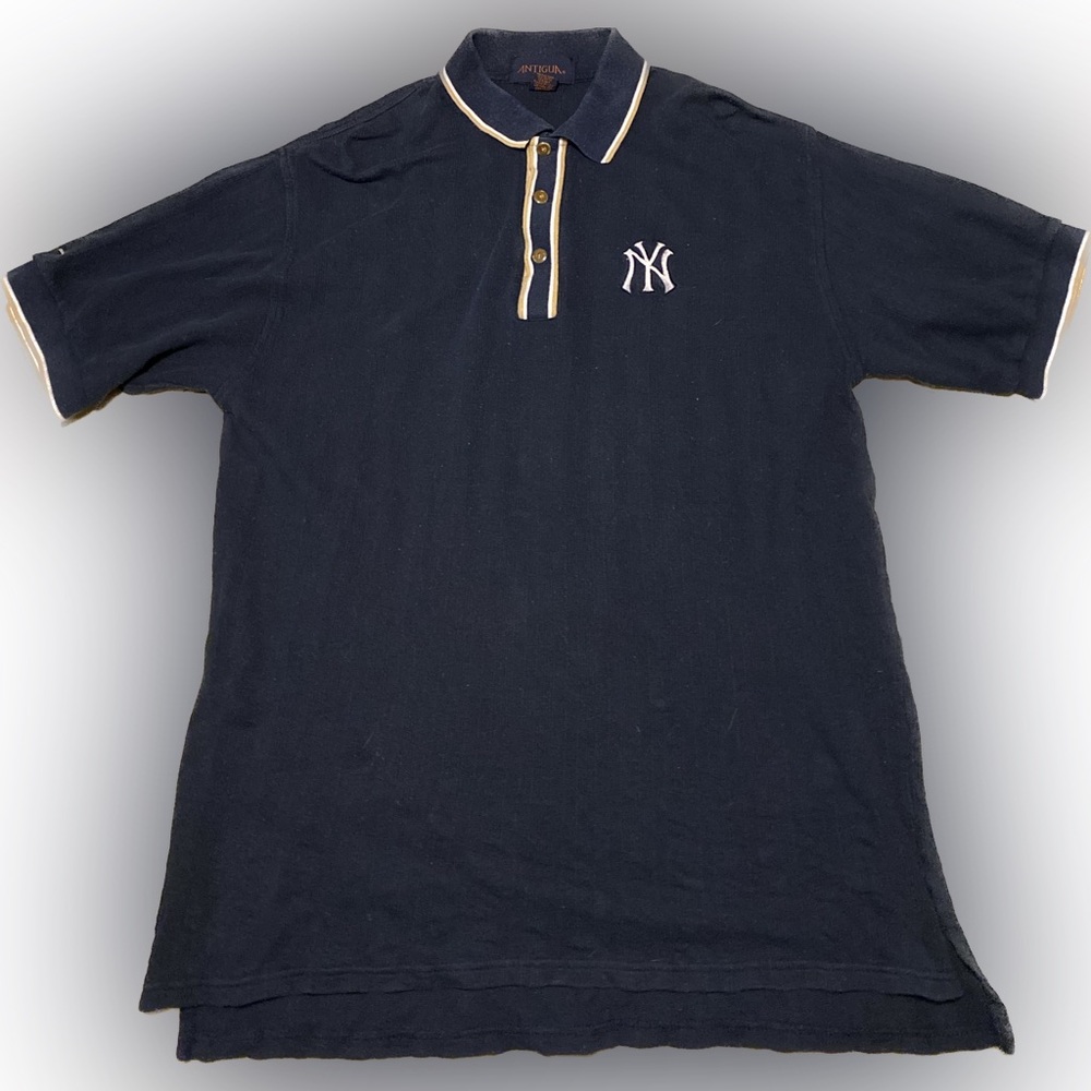 Men's NY  Yankees Short Sleeve Polo Button up Navy Blue Antigua Shirt Vintage